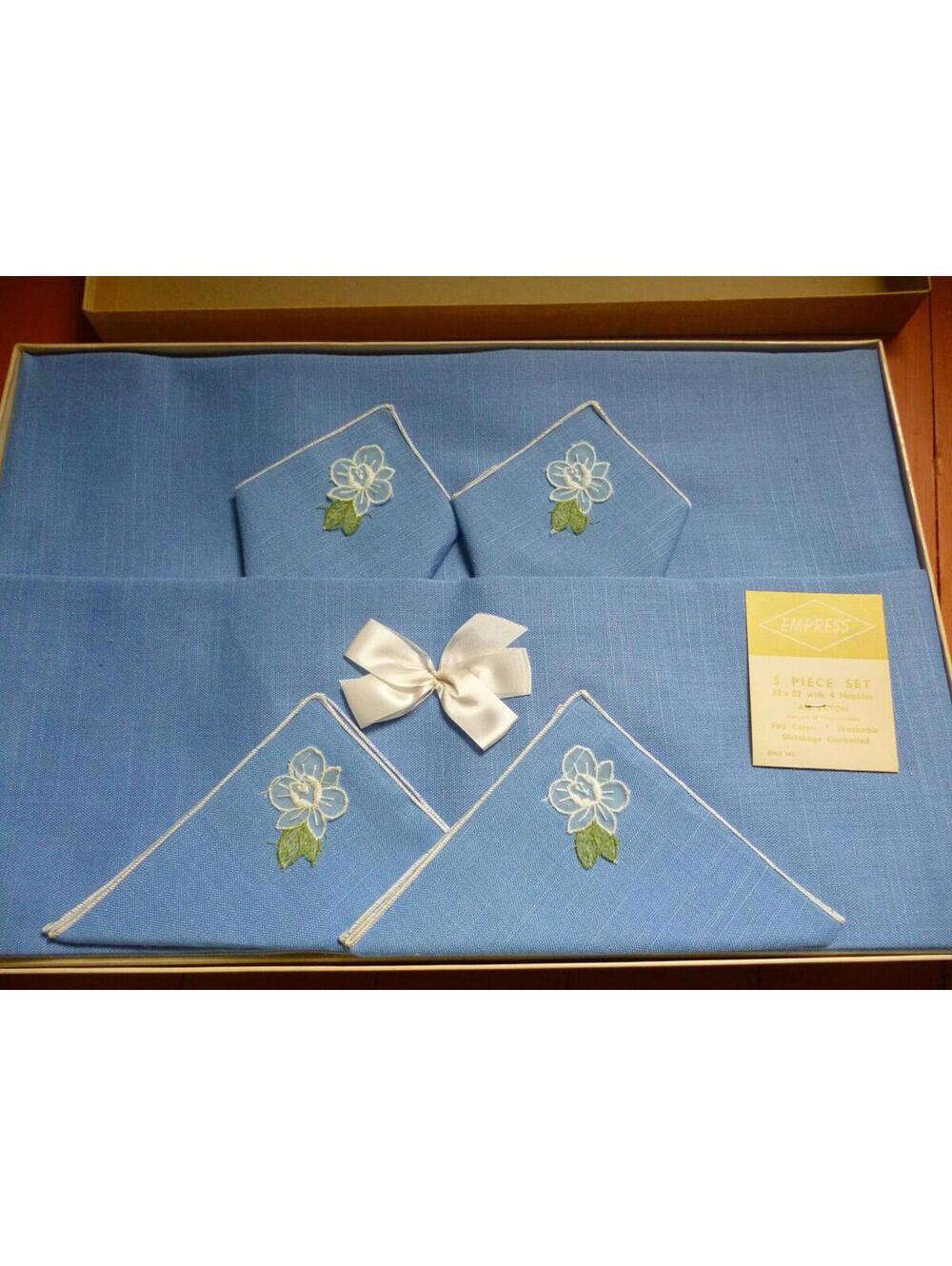 Vintage 1950s Blue 52X52 Tablecloth + 4 Napkins, Empress, Unopened, NOS